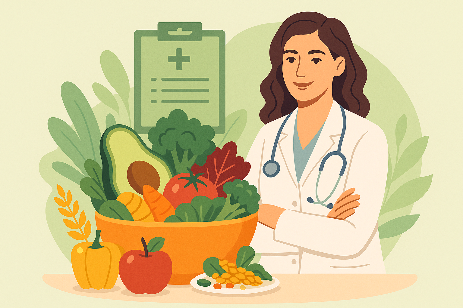 Doctor with fresh vegetables representing lifestyle and preventive medicine